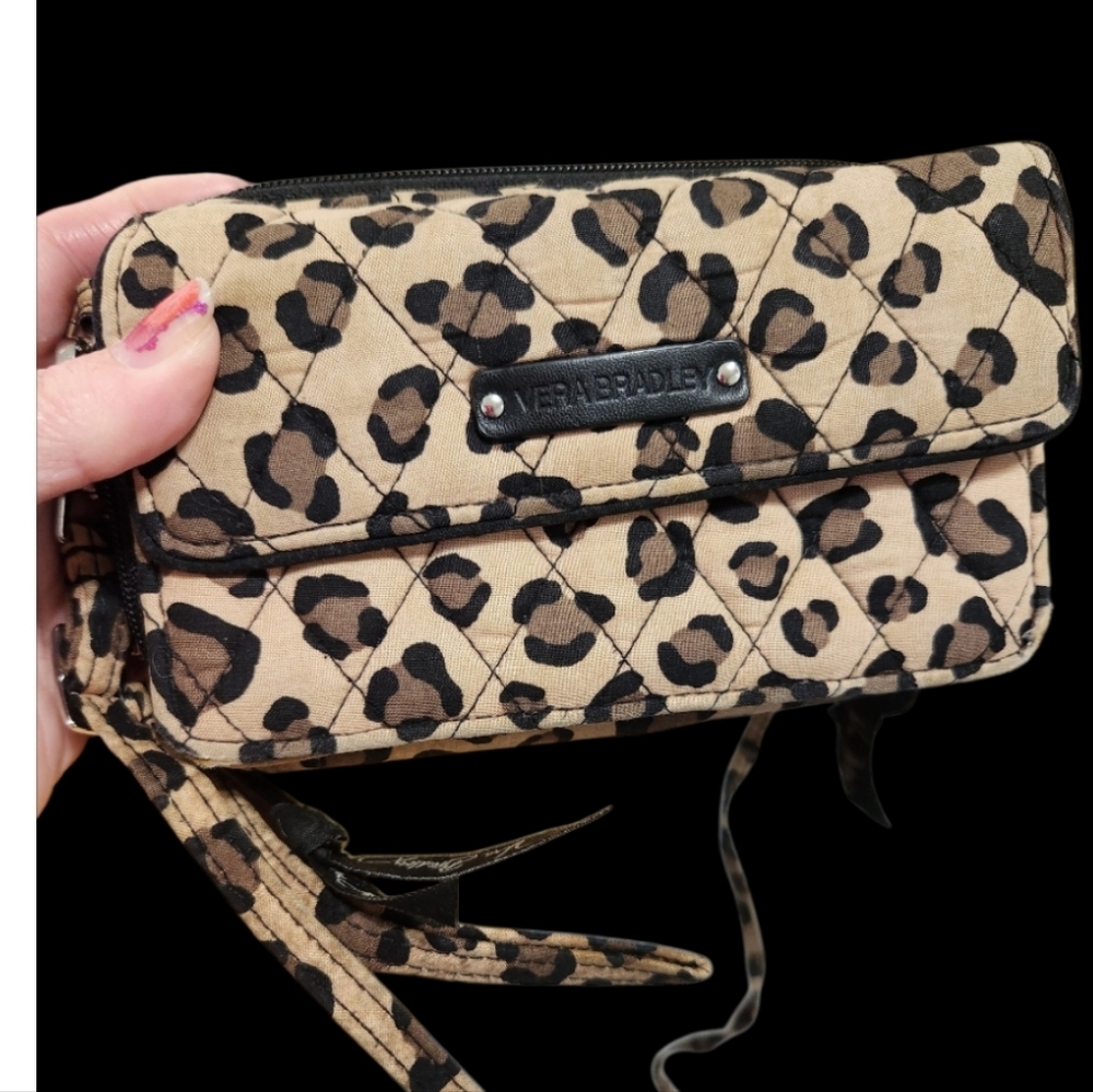 Vera Bradley Leopard Print Quilted Crossbody Wallet in Tan and Black